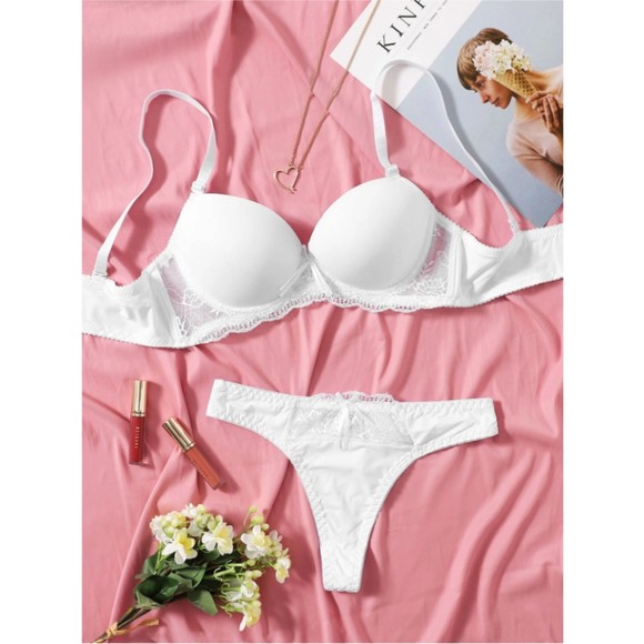 Large Size 10 White Contrast Lace Push UP Underwire Lingerie Set - Picture 2 of 5